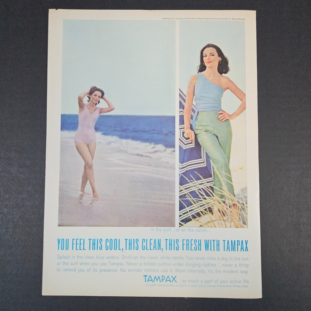 1961 Tampax Tampon Palmer MA Vintage Print Ad Cole Bathing Suit Abby Michael